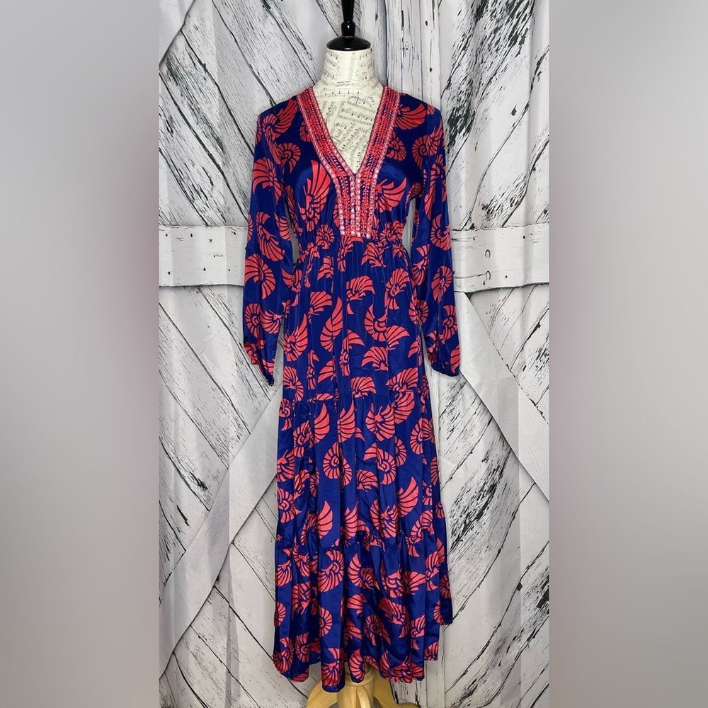 Dress Naoo Long Sleeve Tiered Maxi Style Dress Red & Navy M